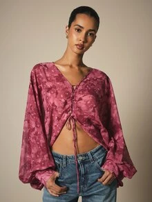KSTM Floral Print Lace-Up Front Batwing Long Sleeve Crop Blouse Boho Chiffon Open Front Top Spring Summer - Multicolor - View 4