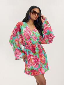 Dancing Leopard Kimono de plage imprimé floral multicolore, cache-maillot de plage, kimono pour femmes, cache-maillot de bain, tenues de vacances, tenues de vacances pour femmes - Multicolore - Voir 5