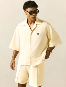 SUMWON 针织翻领短袖宽松衬衫和短裤套装 夏季休闲两件套 - 杏色 - 查看 3
