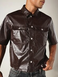 SUMWON Crocodile Texture Faux Leather Crop Fit Short Sleeve Button-Up Shirt With Chest Pockets - Brown - View 5