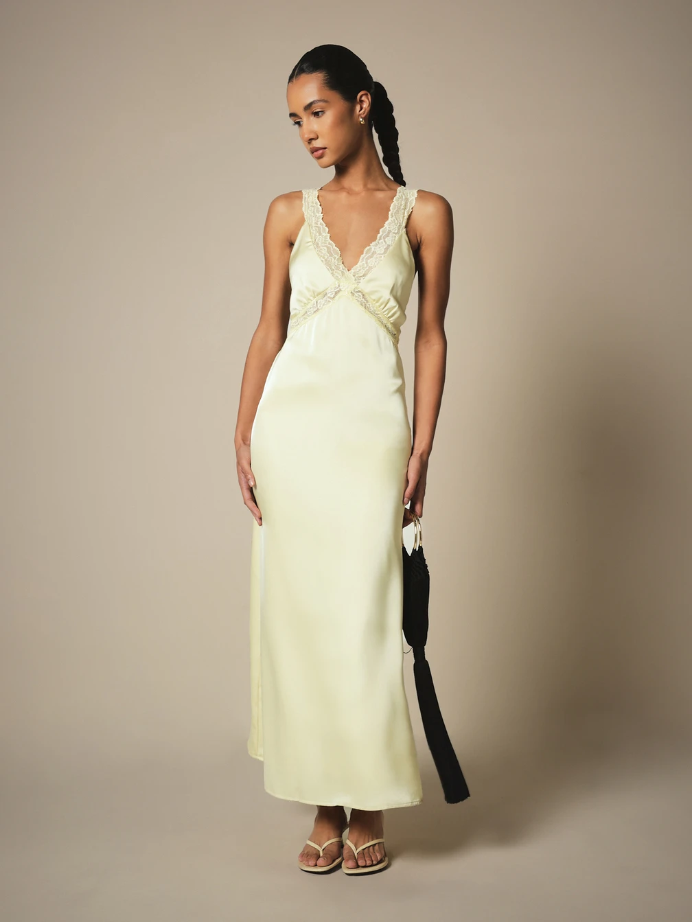 satin lace trim v neck maxi slip dress KSTM V-Neck Lace Trim Satin Slip Maxi Dress Deep Plunge Back Empire Waist Elegant Evening Summer Gown,M