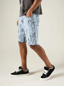 SUMWON Celana Pendek Denim Applique Bertekstur untuk Pria, Model Acid Wash, Ujung Bawah Kasar, Potongan Pendek dengan Detail Tulisan Berumbai - Biru - View 5