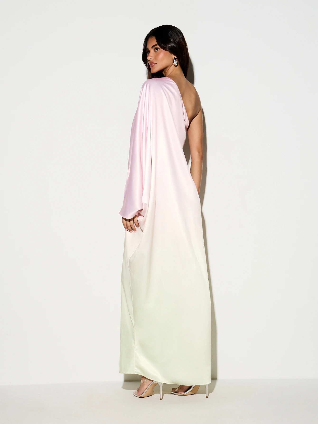 KIZN OMBRE ONE SLEEVE SATIN MAXI DRESS