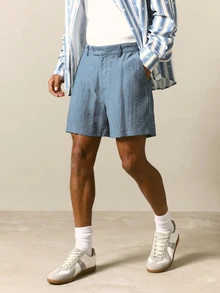 SUMWON Seersucker Swim Short With Pleated Front, Button Closure, Side And Back Pockets, Summer Beach Holiday - Dusty Blue - View 4