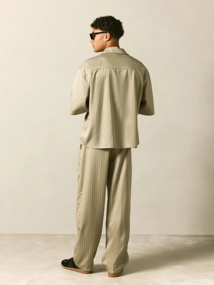 Revere Collar Pinstripe Co-Ord Set Short Sleeve Oversized Shirt And Wide Leg Trousers Summer Casual Two-Piece Outfit