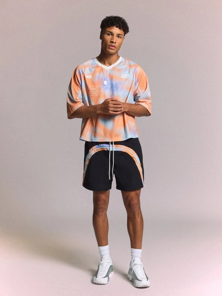 Pull-On Shorts With Tie-Dye Panel Detail, Elasticated Waist, Drawstring, And Curved Contrast Stripe Trim, Summer Casual Wear