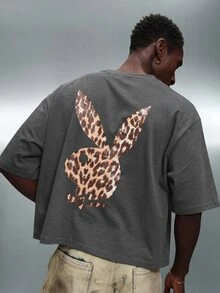 PLAYBOY X SUMWON Oversized Cropped Graphic Tee With Leopard Print Bunny Logo Back Print Short Sleeve Crew Neck T-Shirt - Grey - View 1