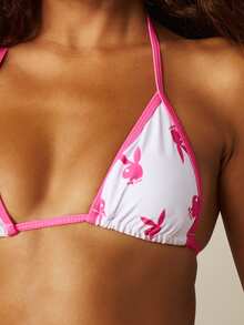 Missguided x Playboy 兔子印花三角比基尼套装，系带下装和挂脖设计，适合海滩夏季度假 - 彩色 - 查看 6
