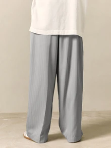 SUMWON Wide Leg Pleated Pinstripe Trousers With Belted Waist Fold Back Detail Smart Casual Full Length Dress Pants - Light Grey - View 3