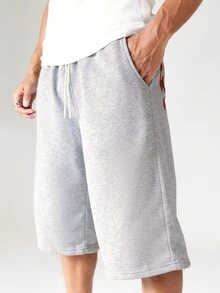 SUMWON Pull-On Marled Fleece Bermuda Shorts With Bold Back Logo Print Drawstring Waist Summer Casual Longline - Light Grey - View 5