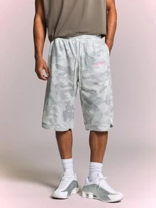 SUMWON Pull-On Mesh Camo Jorts With Drawstring Waist, Halftone Dot Print, Cargo Back Pockets, Knee Length - Black and White - View 4