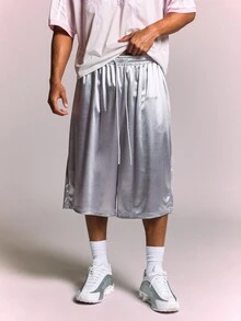 SUMWON Pull-On Satin Finish Wide Leg Bermuda Jorts With Drawstring Waist And Back Patch Pocket For Summer - Light Grey - View 4