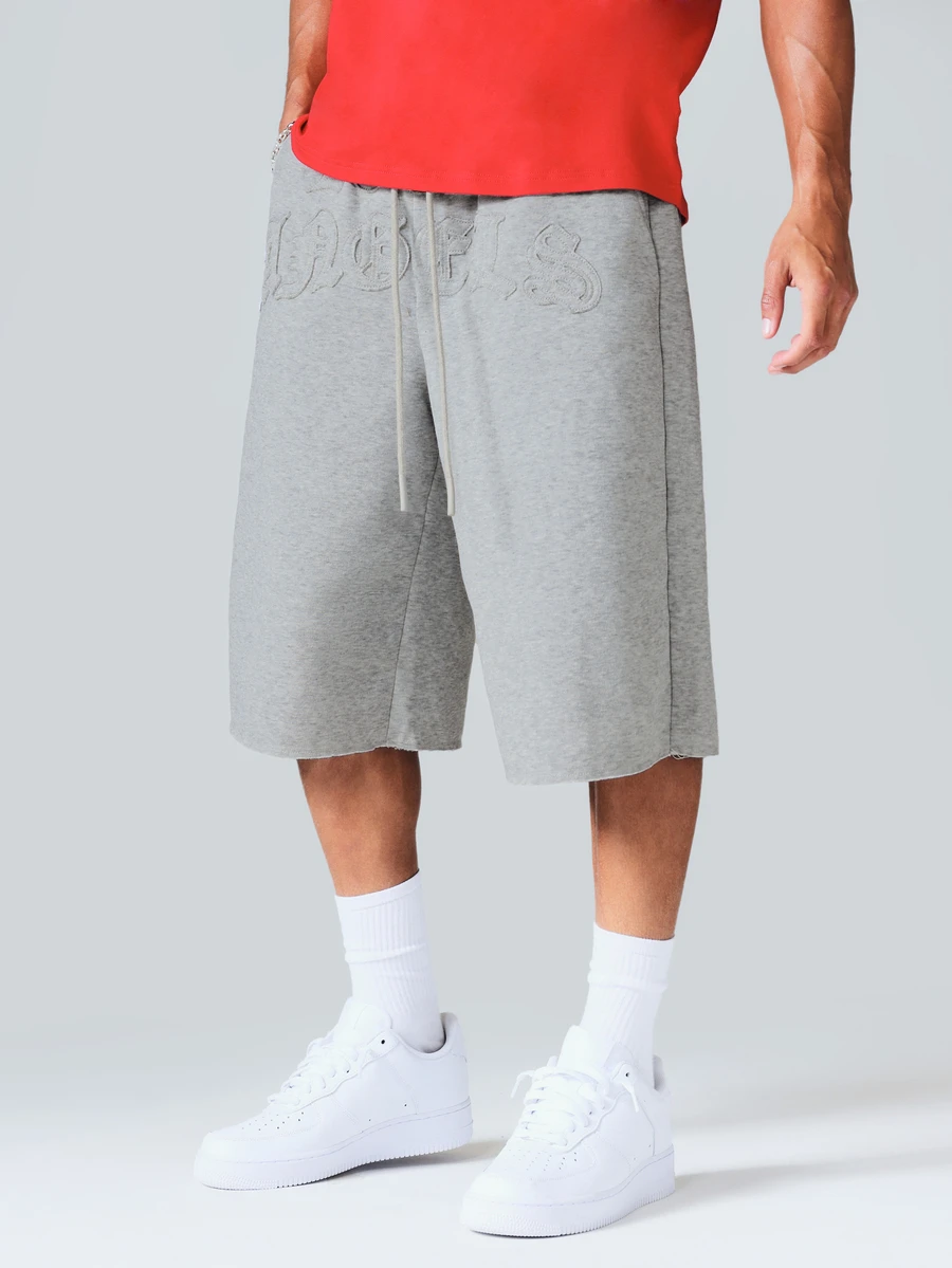 SUMWON Raw Edge Casual Sweat Shorts With Old English Embroidery Waistband Drawstring Summer Bermuda - Grey - View 1