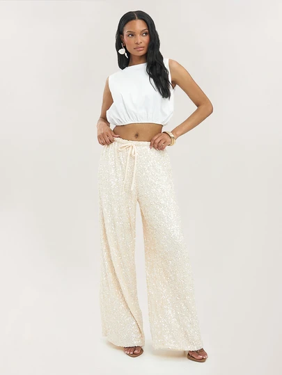 Dancing Leopard Pantalon large à paillettes abricot, pantalons pour femmes, pantalons larges pour femmes, tenues d'été pour femmes, pantalons de travail pour femmes, tenue décontractée chic, tenues de vacances, tenue de bureau