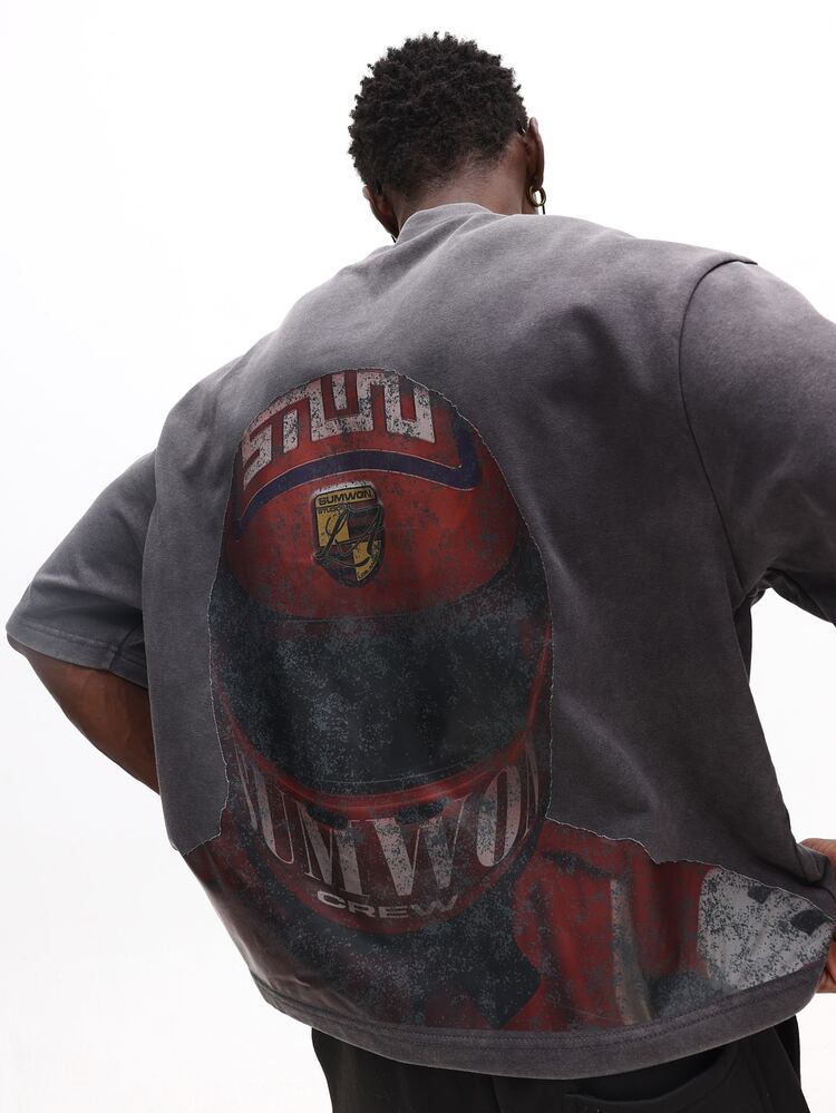 Oversized Verwaschen Grafik T-Shirt mit Rennhelm Rückenprint Rundhals Kurzarm Sommer T-Shirt