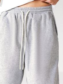 SUMWON Pull-On Marled Fleece Bermuda Shorts With Bold Back Logo Print Drawstring Waist Summer Casual Longline - Light Grey - View 7