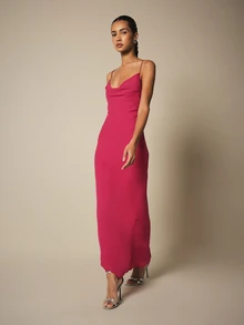 KSTM Gaun Maxi Tanpa Lengan dengan Kerah Model Cowl, Tali Silang di Bagian Belakang, dan Lipatan Samping, Cocok untuk Acara Malam Hari dan Pesta Pernikahan. - Hot Pink - View 4