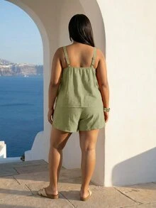 ELLERISSA Plus Size Green Linen Cami Top & Shorts Co-Ord Set - Green - View 2