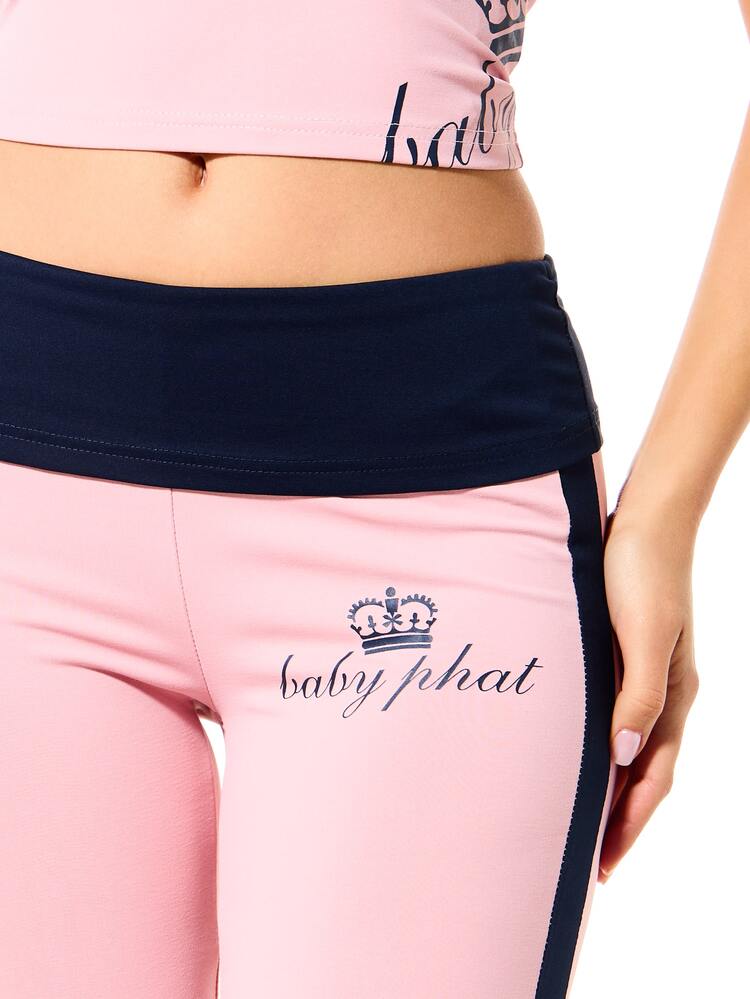 BABYPHAT Legging de Ioga com Perna Flare e Cintura Dobrada com Fita Lateral e Detalhe do Logotipo da Coroa
