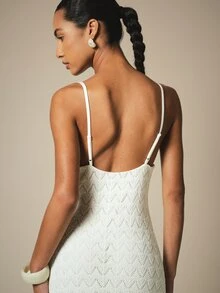 KSTM Crochet Zig Zag Knit Maxi Dress Sleeveless Square Neck Open Back Spaghetti Strap Summer Beach Column Gown - Apricot - View 8