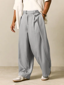 SUMWON Wide Leg Pleated Pinstripe Trousers With Belted Waist Fold Back Detail Smart Casual Full Length Dress Pants - Light Grey - View 1