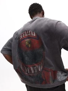 SUMWON Plus Size Oversized Washed Graphic Tee With Racing Helmet Back Print Crew Neck Short Sleeve Summer T-Shirt - Grey - View 4