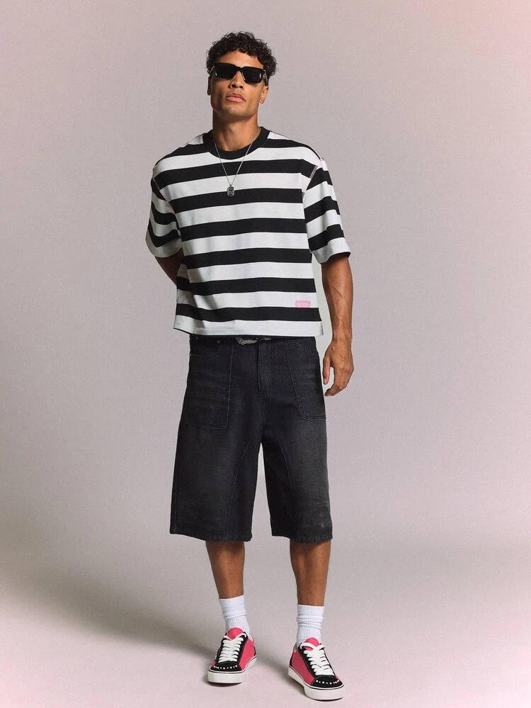 Pantalones cortos de mezclilla de pierna ancha y holgada, tipo carpintero, de longitud hasta la rodilla, con bolsillos parche, lavado vintage