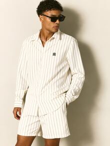 SUMWON Men Pinstripe Long Sleeve Shirt And Shorts Co-Ord Set Summer Matching Two-Piece Outfit With Embroidered Logo - Multicolor - View 1