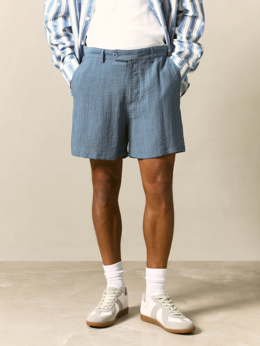 SUMWON Seersucker Swim Short With Pleated Front, Button Closure, Side And Back Pockets, Summer Beach Holiday - Dusty Blue - View 1