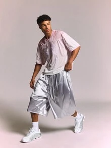 SUMWON Pull-On Satin Finish Wide Leg Bermuda Jorts With Drawstring Waist And Back Patch Pocket For Summer - Light Grey - View 3