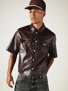 SUMWON Crocodile Texture Faux Leather Crop Fit Short Sleeve Button-Up Shirt With Chest Pockets - Brown - View 1