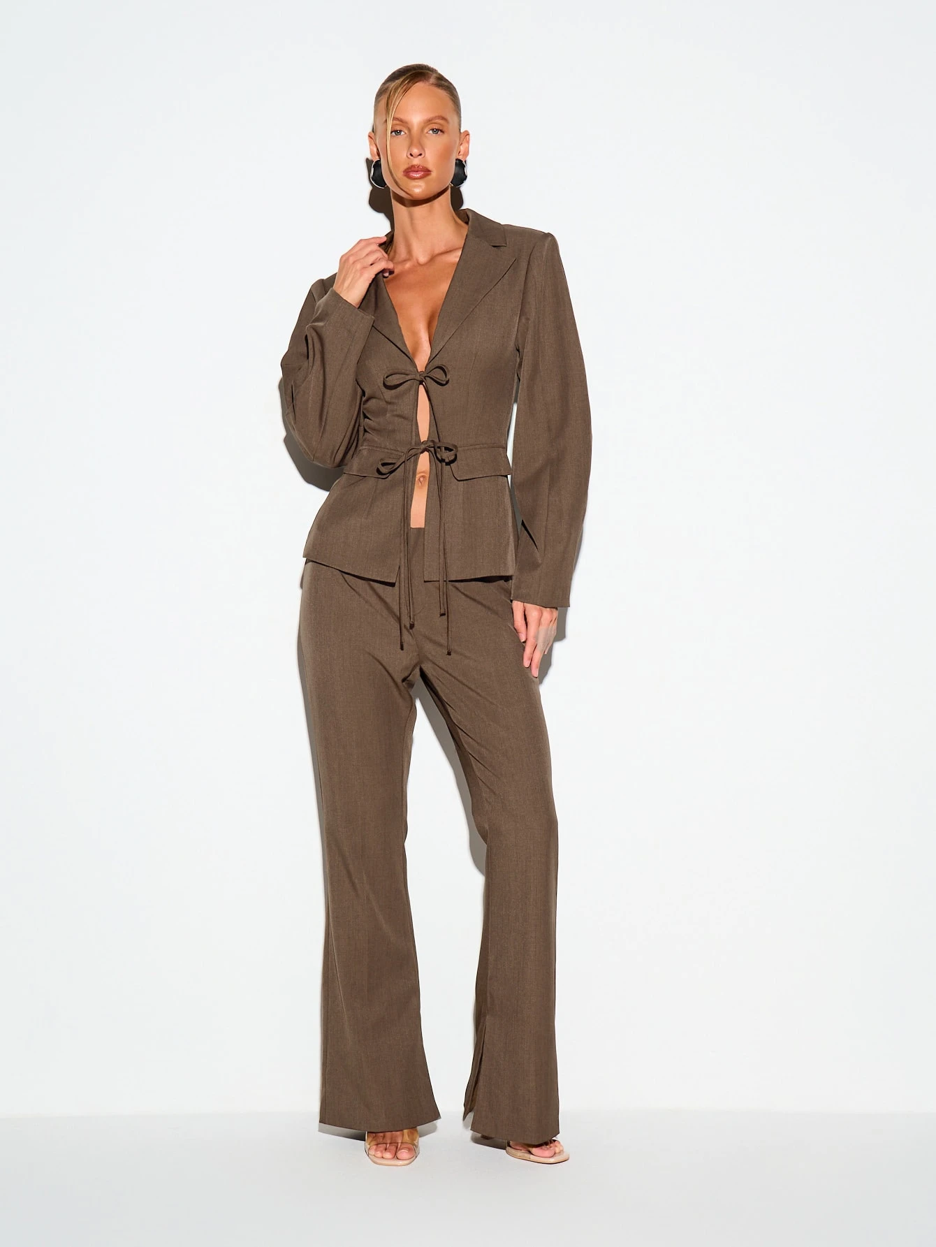 KIZN Tie Front Blazer With Cinched Waist Detail