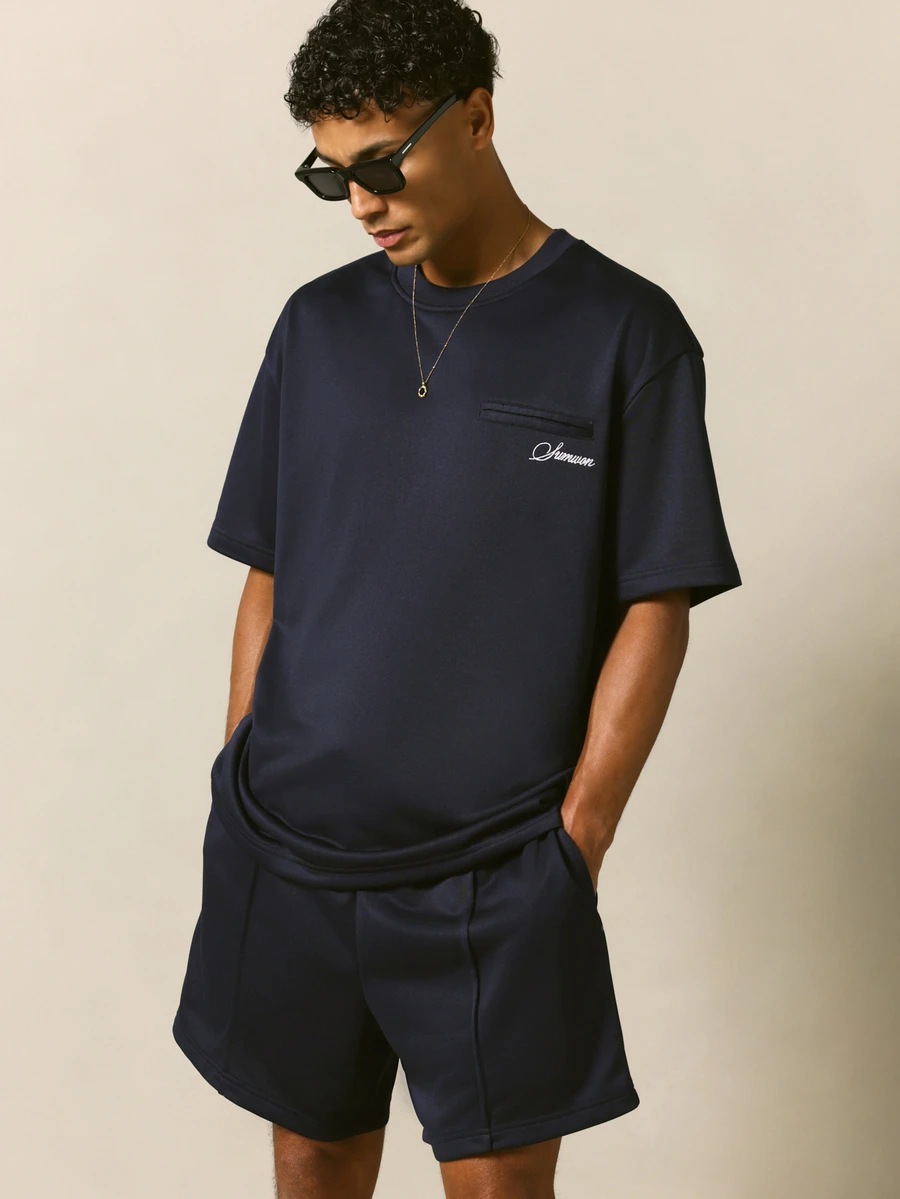 SUMWON Embroidered Script Logo Co-Ord Set Short Sleeve Crew Neck Tee And Pintuck Shorts Summer Casual Matching Outfit - Royal Blue - View 1