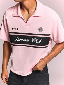 SUMWON 夏季俱乐部短款宽松 Polo 衫，胸前条纹印花，翻领设计 - 粉色 - 查看 5