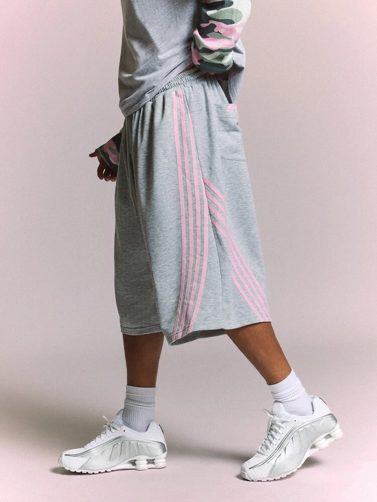 Pull-On Grey Marl Jorts With Pink Side Tape Stripe Detail Below Knee Length Casual Bermuda Shorts