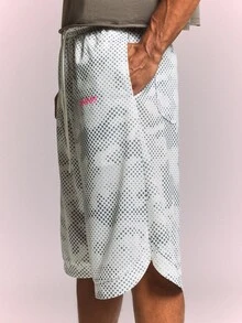 SUMWON Pull-On Mesh Camo Jorts With Drawstring Waist, Halftone Dot Print, Cargo Back Pockets, Knee Length - Black and White - View 7