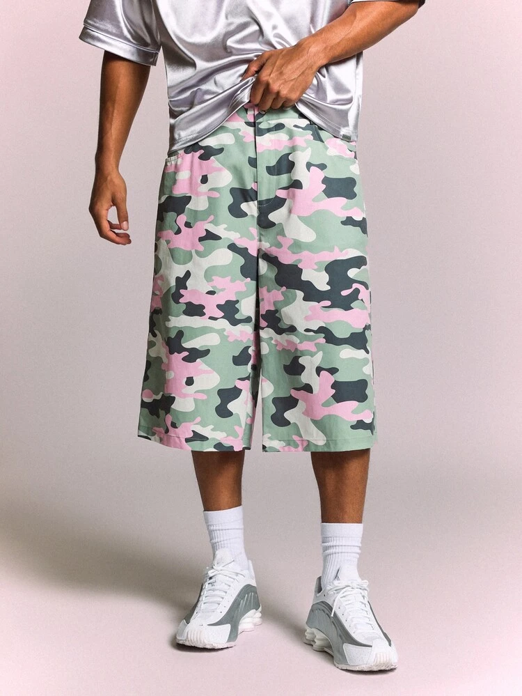 Herren Camouflage bedruckte Jorts, weite Beine, weite Bermuda Shorts mit Rücktaschen, Sommer Straßen-Stil