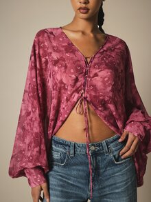 KSTM Floral Print Lace-Up Front Batwing Long Sleeve Crop Blouse Boho Chiffon Open Front Top Spring Summer - Multicolor - View 5