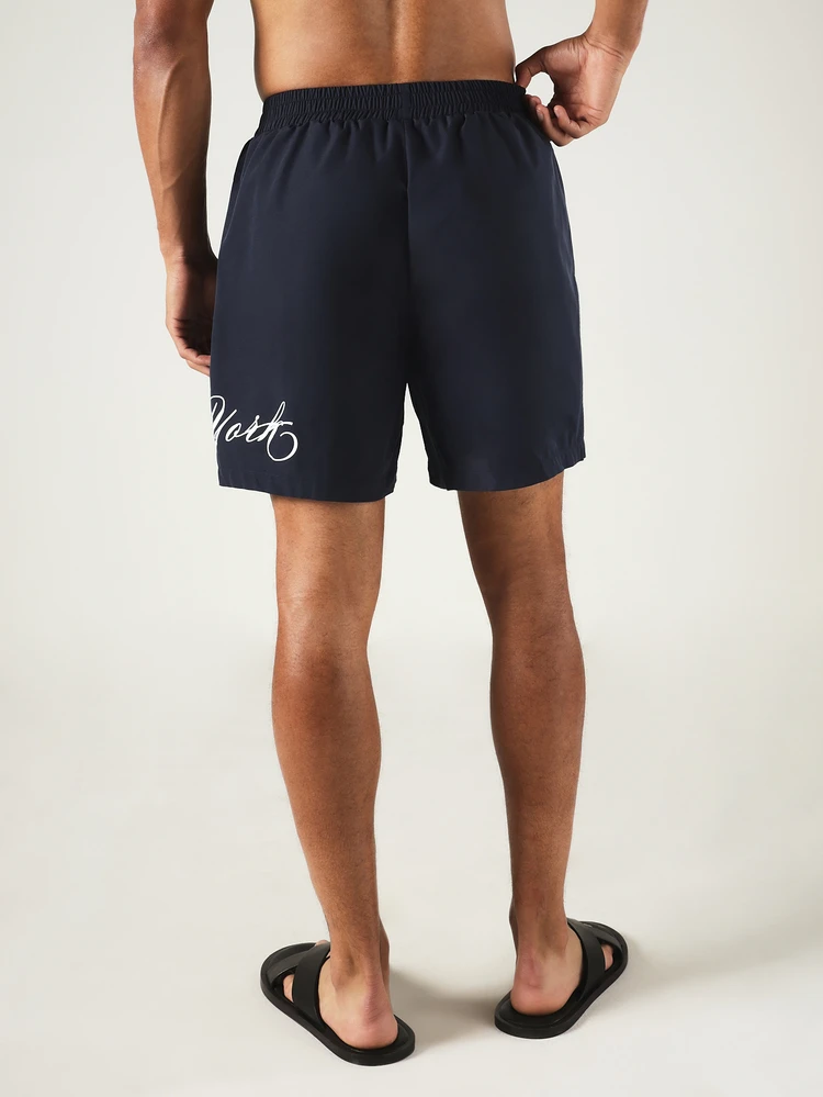 Pull-On Swim Shorts With New York Script Print, Elastic Waistband, Regular Fit, Perfect For Beach And Summer Vacation