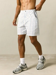 SUMWON Striped Tailored Swim Shorts With Monogram Print Flat Front Button Closure Summer Beach Holiday Shorts - Blue and White - View 1