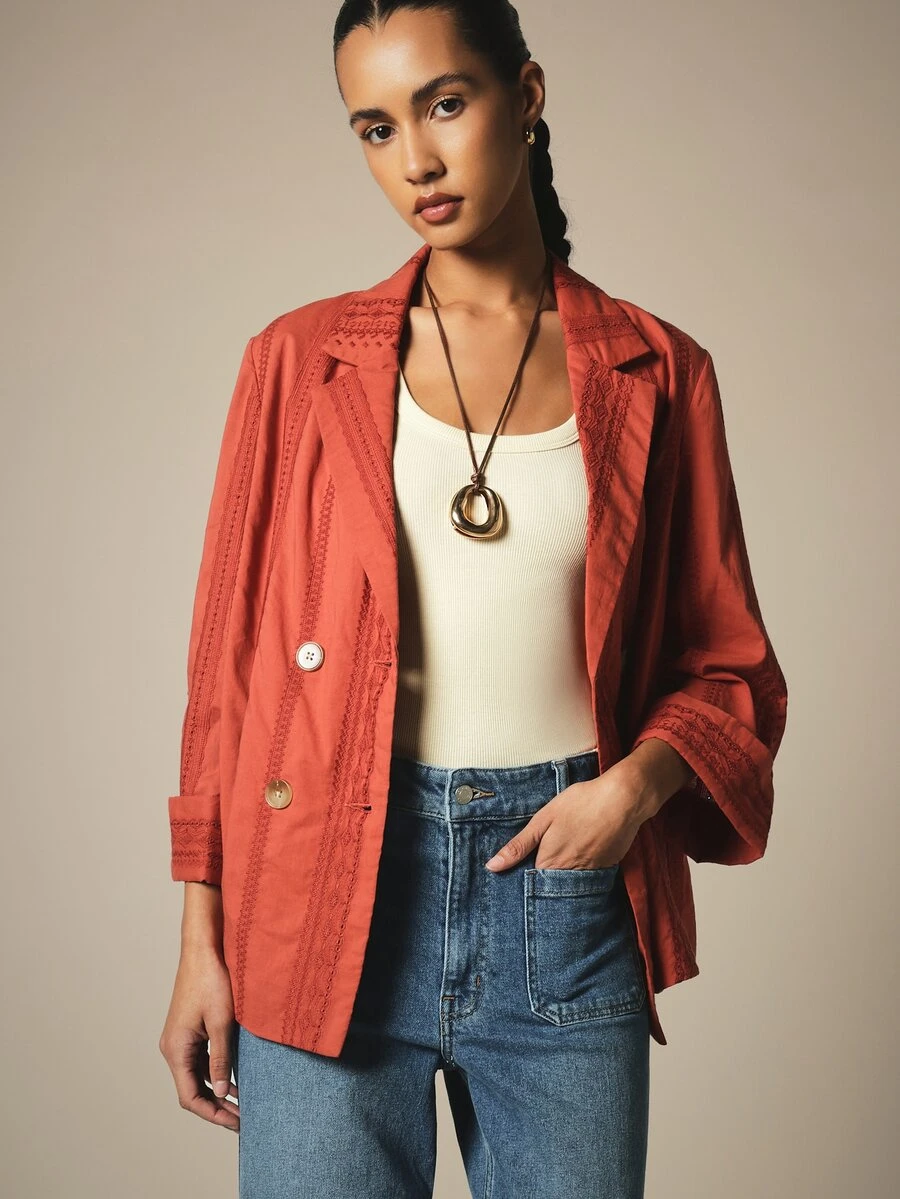 KSTM Embroidered Blazer Jacket With Lapel Collar Double-Breasted Button Closure Boho Lightweight Oversized Spring Summer Outerwear - Redwood - View 1