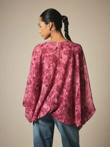 KSTM Floral Print Lace-Up Front Batwing Long Sleeve Crop Blouse Boho Chiffon Open Front Top Spring Summer - Multicolor - View 2