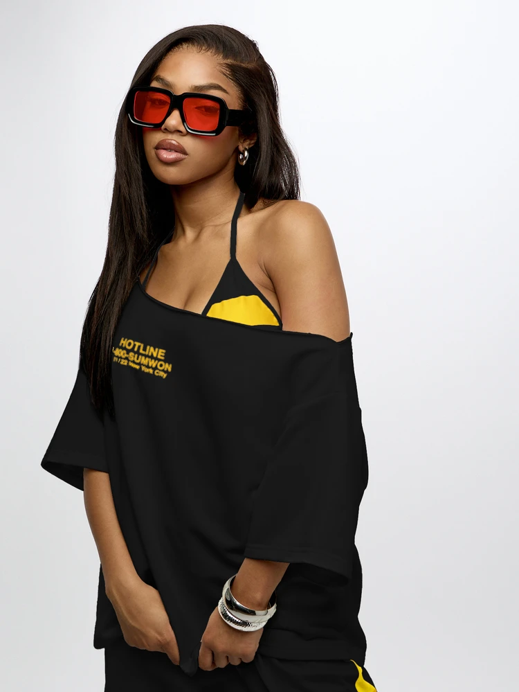 SUMWON WOMEN Off Shoulder Oversized Graphic Tee With Call My Stylist Back Print And Hotline Front Text Detail