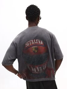 SUMWON Plus Size Oversized Washed Graphic Tee With Racing Helmet Back Print Crew Neck Short Sleeve Summer T-Shirt - Grey - View 1