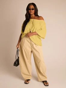 FASHION SZN 大尺碼女款 100% 純棉寬鬆落肩 T恤 休閒露肩白色上衣 寬鬆版型 夏季穿搭 度假日常基礎款 機場旅行城市短途遊 簡約優雅時尚 - 鵝黃色 - 查看 3