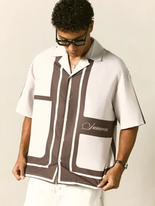 SUMWON Chemise à col camp à manches courtes avec bloc de couleurs géométriques et imprimé de bordure audacieuse - Multicolore - Voir 1