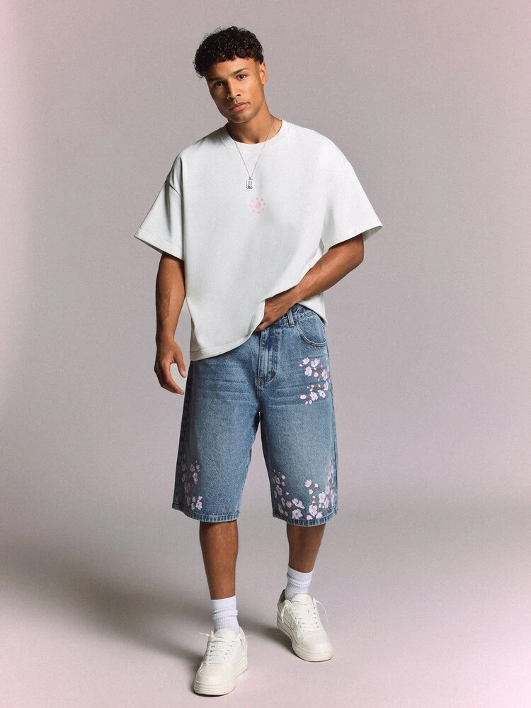 Cherry Blossom Printed Baggy Denim Jorts Wide Leg Bermuda Jean Shorts Summer Festival Streetwear Style