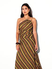 KSTM Asymmetric One-Shoulder Diagonal Stripe Maxi Dress With Ruched Waist Detail Summer Vacation - Multicolor - View 3