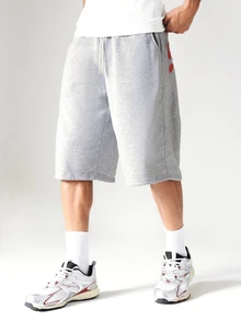 SUMWON Pull-On Marled Fleece Bermuda Shorts With Bold Back Logo Print Drawstring Waist Summer Casual Longline - Light Grey - View 2