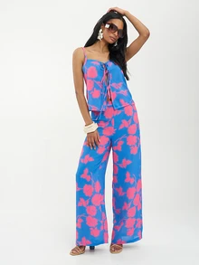 Dancing Leopard Multicolour Contrast Binding Square Neck Wide Leg Coord, Co Ord Set Women, Summer Outfits For Women, Holiday Outfits, Night Out Outfit Women - Multicolor - View 4
